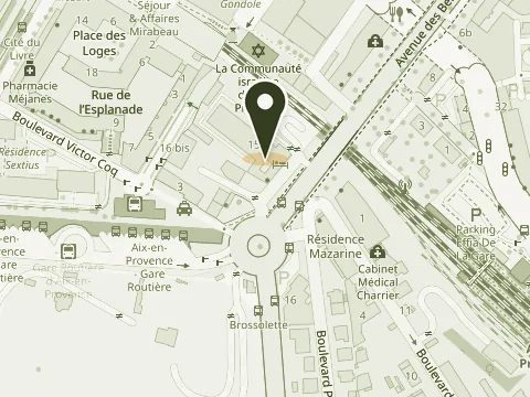 Plan du quartier : le cabinet est au Centre Rotonde, 15 avenue des Belges, près du rond-point de la gare routière d'Aix-en-Provence.